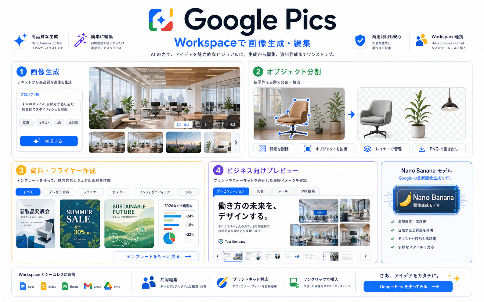 Google Pics の発表内容を整理した生成インフォグラフィック